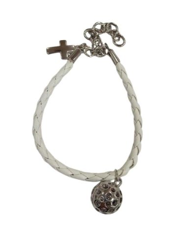 Pulsera Llamador Metal Cuero Blanca Con Cruz