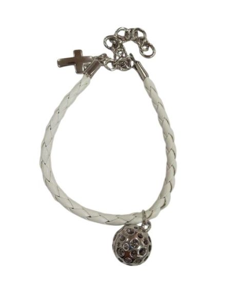Pulsera Llamador Metal Cuero Blanca Con Cruz