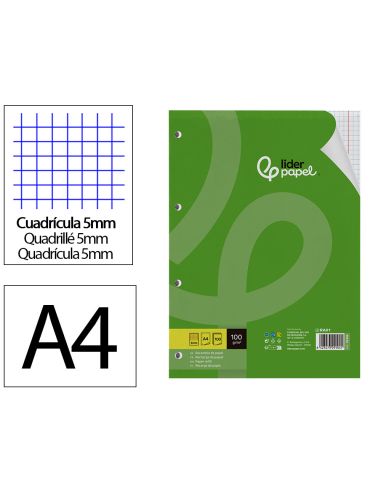 Recambio Liderpapel A4 100 Hojas 100Gr Cuadro 5Mm Con Doble Margen 4 Taladros