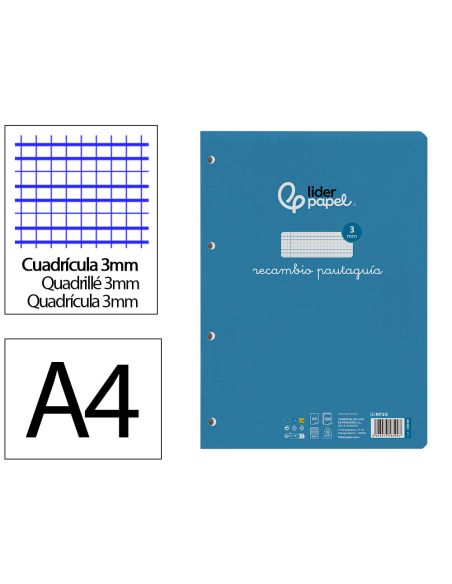 Recambio Liderpapel A4 Pautaguia 100 Hojas 75Gr Cuadriculado Pautado 3Mm Con Margen 4 Taladros