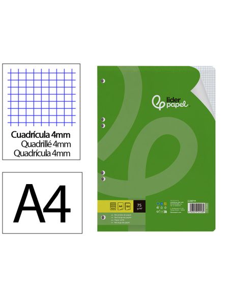Recambio Liderpapel A4 100 Hojas 75Gr Cuadro 4Mm Con Margen 16 Taladros