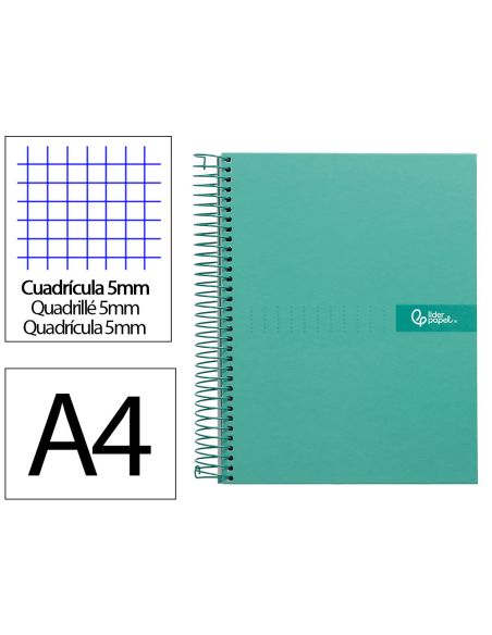 Cuaderno Espiral Liderpapel A4 Micro Crafty Tapa Forrada 120H 90Gr Cuadro 5Mm 5 Bandas 4 Taladros Color Turquesa