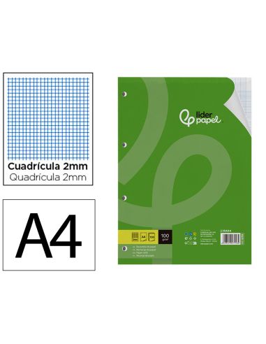 Recambio Liderpapel A4 100 Hojas 100Gr Milimetrado 2Mm Sin Margen 4 Taladros