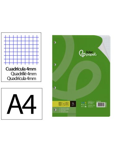 Recambio Liderpapel A4 80 Hojas 75Gr Cuadro 4 Mm Con Margen 4 Taladros