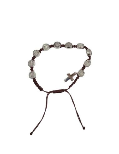 Brazalete Metal San Benito Con Cruz Cuerda Marron