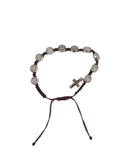 Brazalete Metal San Benito Con Cruz Cuerda Marron