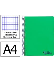 Cuaderno Espiral Liderpapel A4 Wonder Tapa Plastico 80H 90Gr Cuadro 4Mm Con Margen Color Verde Oscuro