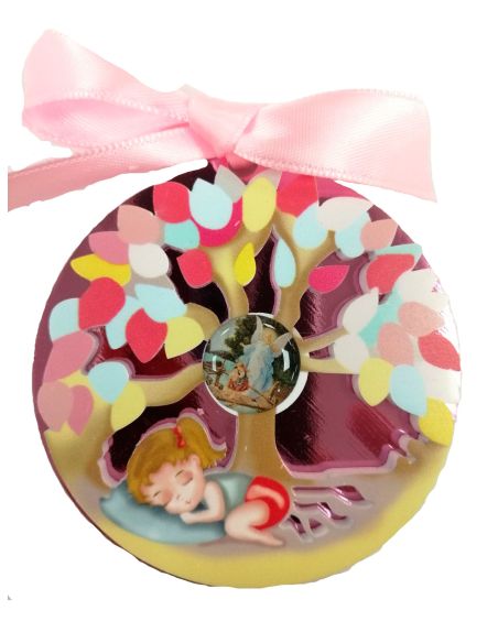Medalla Cuna 75Mm Arbol Plast. Espejo Angel Guarda Rosa