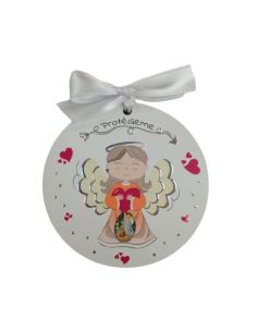 Colgante Cuna Madera  Corazon 10Mm Lazo Blanco A. Guarda Puente