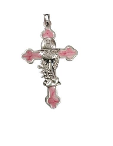 Cruz Plateada Comunion Color Rosa Esmaltada 40Mm