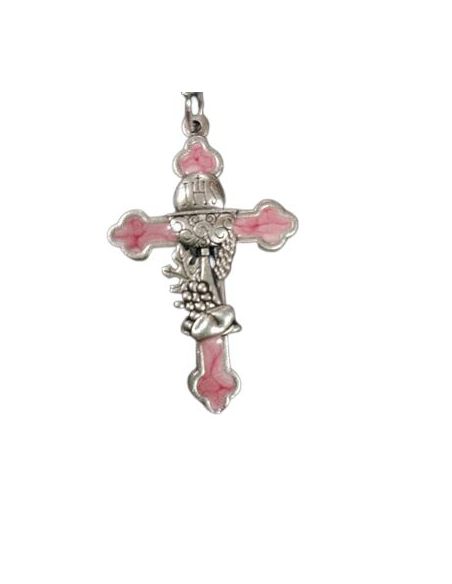 Cruz Plateada Comunion Color Rosa Esmaltada 40Mm