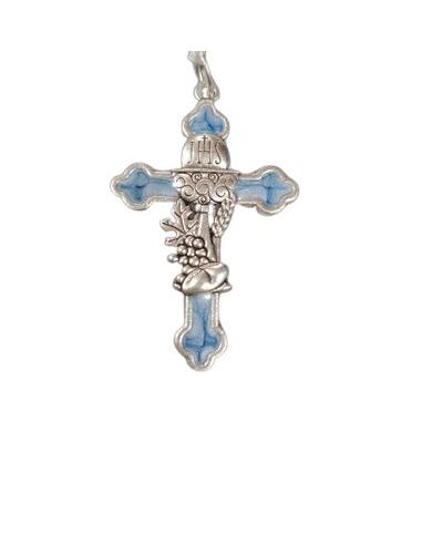Cruz Plateada Comunion Color Azul Esmaltada 40Mm