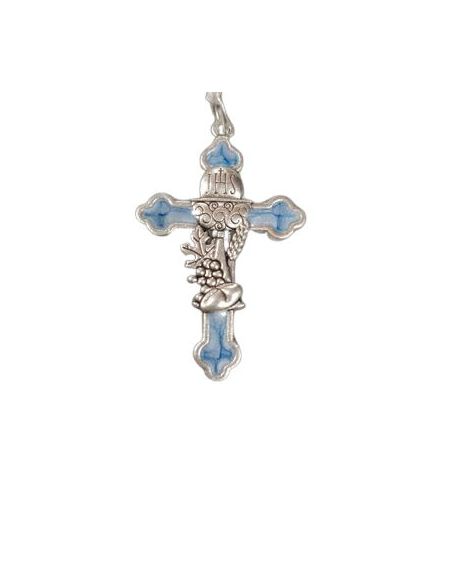 Cruz Plateada Comunion Color Azul Esmaltada 40Mm