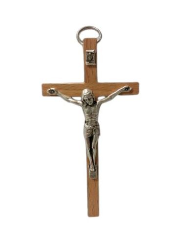 Cruz Madera Clara 11Cm Cristo Metal Con Anilla