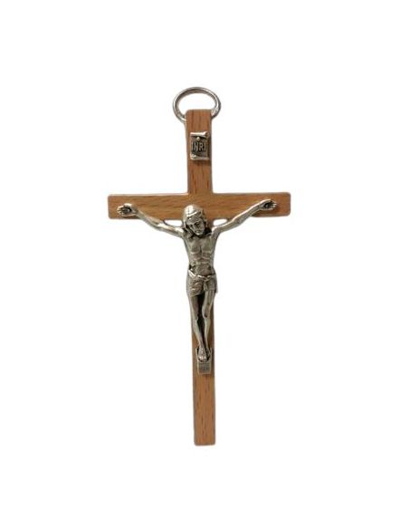 Cruz Madera Clara 11Cm Cristo Metal Con Anilla