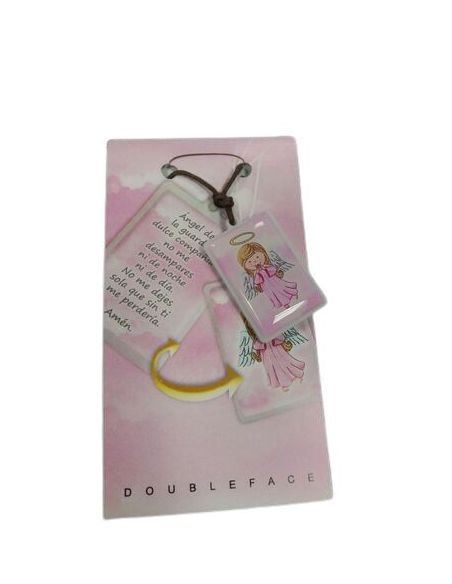 Medalla Doble Angel De La Guarda Plast. Blister Oracion Rosa