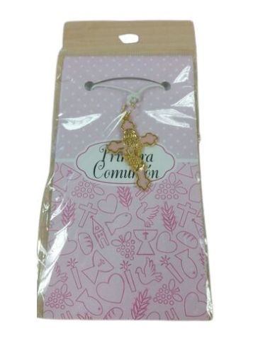 Cruz Comunion Esmaltada 30Mm Con Cordon Dorada Rosa