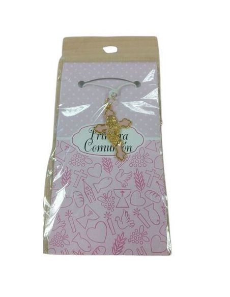Cruz Comunion Esmaltada 30Mm Con Cordon Dorada Rosa