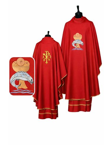 Casulla pan y peces bordados px alfa y omega en trasera poliester roja