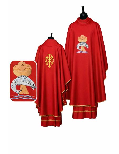 Casulla pan y peces bordados px alfa y omega en trasera poliester roja