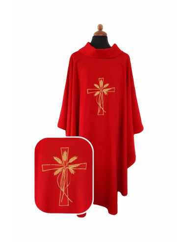 Casulla superligera poliester vaticano cruz y espigas bordado dorado y plateado delante y detrás roja|Libreriasalesiana