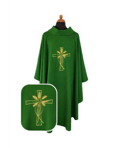 Casulla superligera poliester vaticano cruz y espigas bordado dorado y plateado delante y detrás verde|Libreriasalesiana