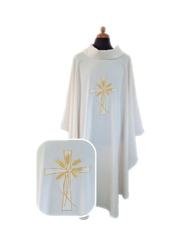 Casulla superligera poliester vaticano cruz y espigas bordado dorado y plateado delante y detrás blanca