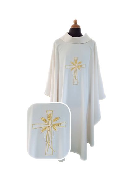Casulla superligera poliester vaticano cruz y espigas bordado dorado y plateado delante y detrás blanca