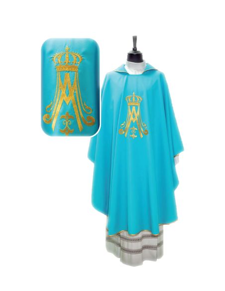 Casulla mariana poliester vaticano bordado oro delante y detrás azul