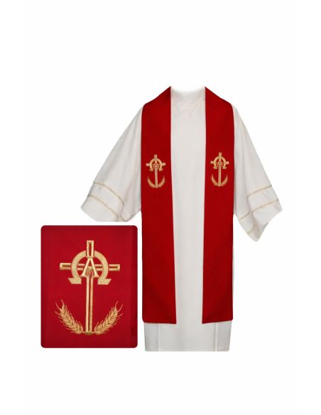 Estola poliester vaticano bordada oro cruz alfa y omega roja
