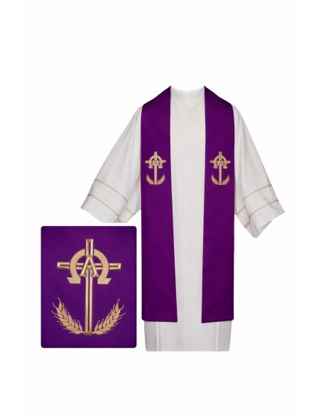 Estola poliester vaticano bordada oro cruz alfa y omega morado