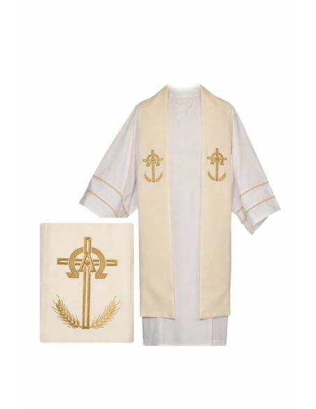 Estola poliester vaticano bordada oro cruz alfa y omega marfil