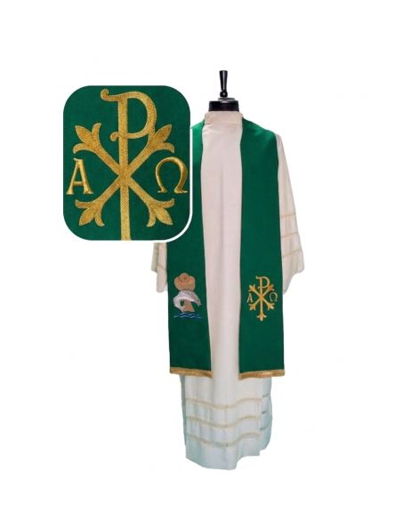 Estola poliester vaticano bordada px alfa y omega + pan y peces verde