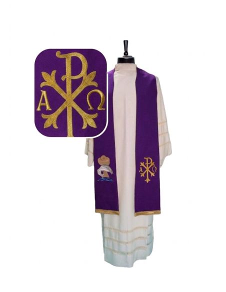 Estola poliester vaticano bordada px alfa y omega + pan y peces morada