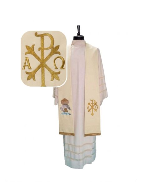 Estola poliester vaticano bordada px alfa y omega + pan y peces marfil