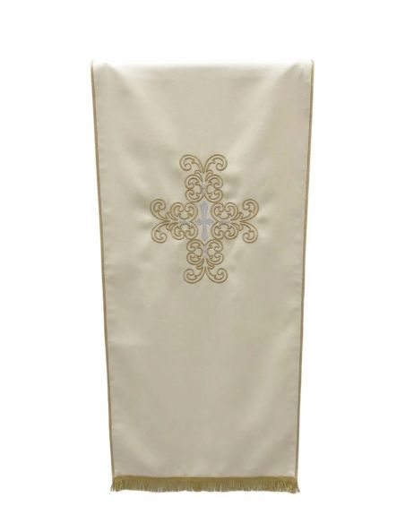 Cubre ambon 50x250cm poliester cruz bordado hilo dorado y plateado marfil