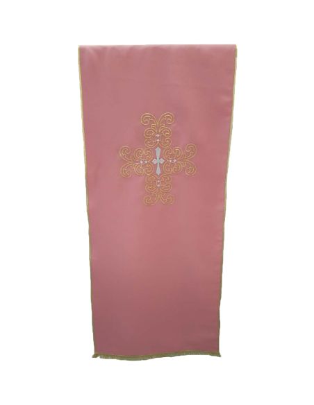 Cubre ambon 50x250cm poliester cruz bordado hilo dorado y plateado rosa