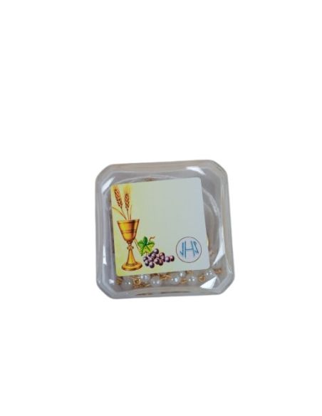 Rosario comunión simil perla 4mm dorado smalte blanco con caja|Libreriasalesiana