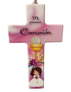 Cruz Comunion Rosa Niña 15X9Cm Resina