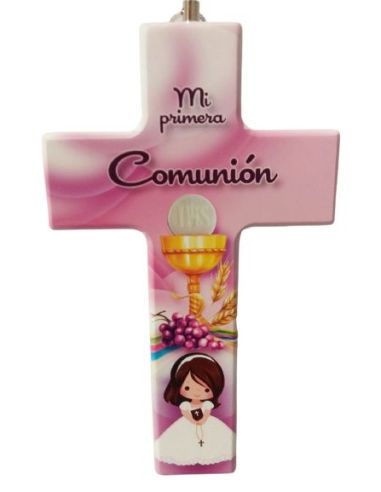 Cruz Comunion Rosa Niña 15X9Cm Resina