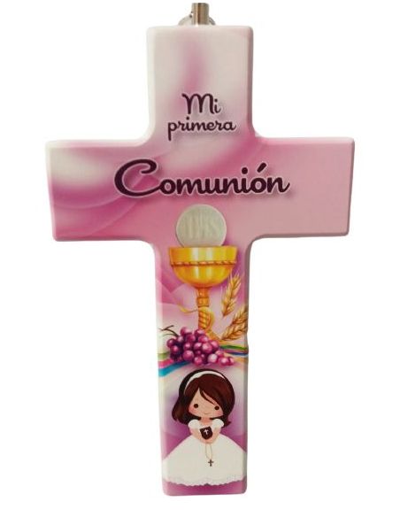 Cruz Comunion Rosa Niña 15X9Cm Resina