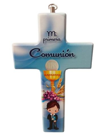 Cruz Comunion Azul Niño 15X9Cm Resina