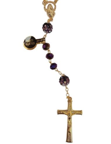 Rosario dorado cristal morado metalizado 8x6 c/shambala con caja