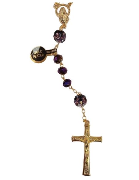 Rosario dorado cristal morado metalizado 8x6 c/shambala con caja