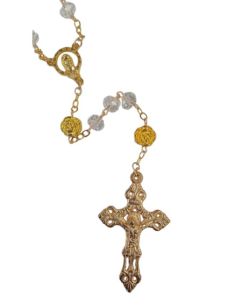 Rosario cristal transp 8x6 rosas doradas con caja