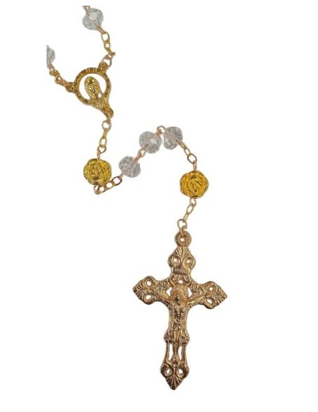 Rosario cristal transp 8x6 rosas doradas con caja