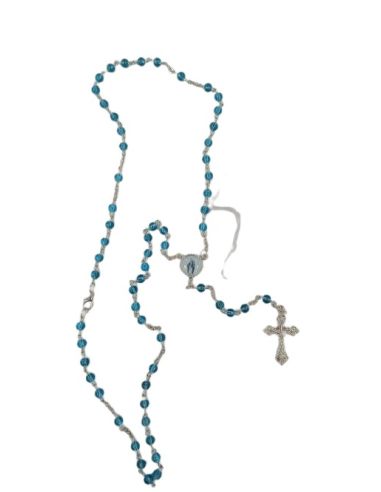 Rosario cristal 4mm azul milagrosa caja tau