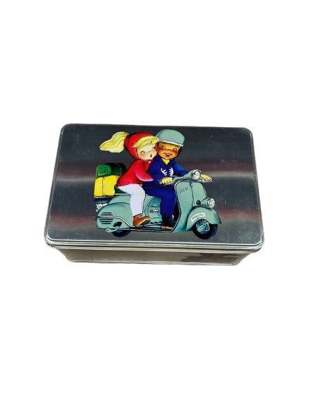 Lata metalica olga y jorge en vespa (ferrandiz)