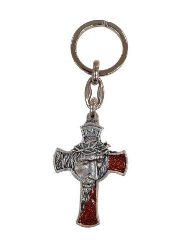 Llavero Metal Cruz Rostro Cristo Esmalte Rojo