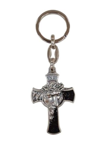 Llavero Metal Cruz Rostro Cristo Esmalte Negro
